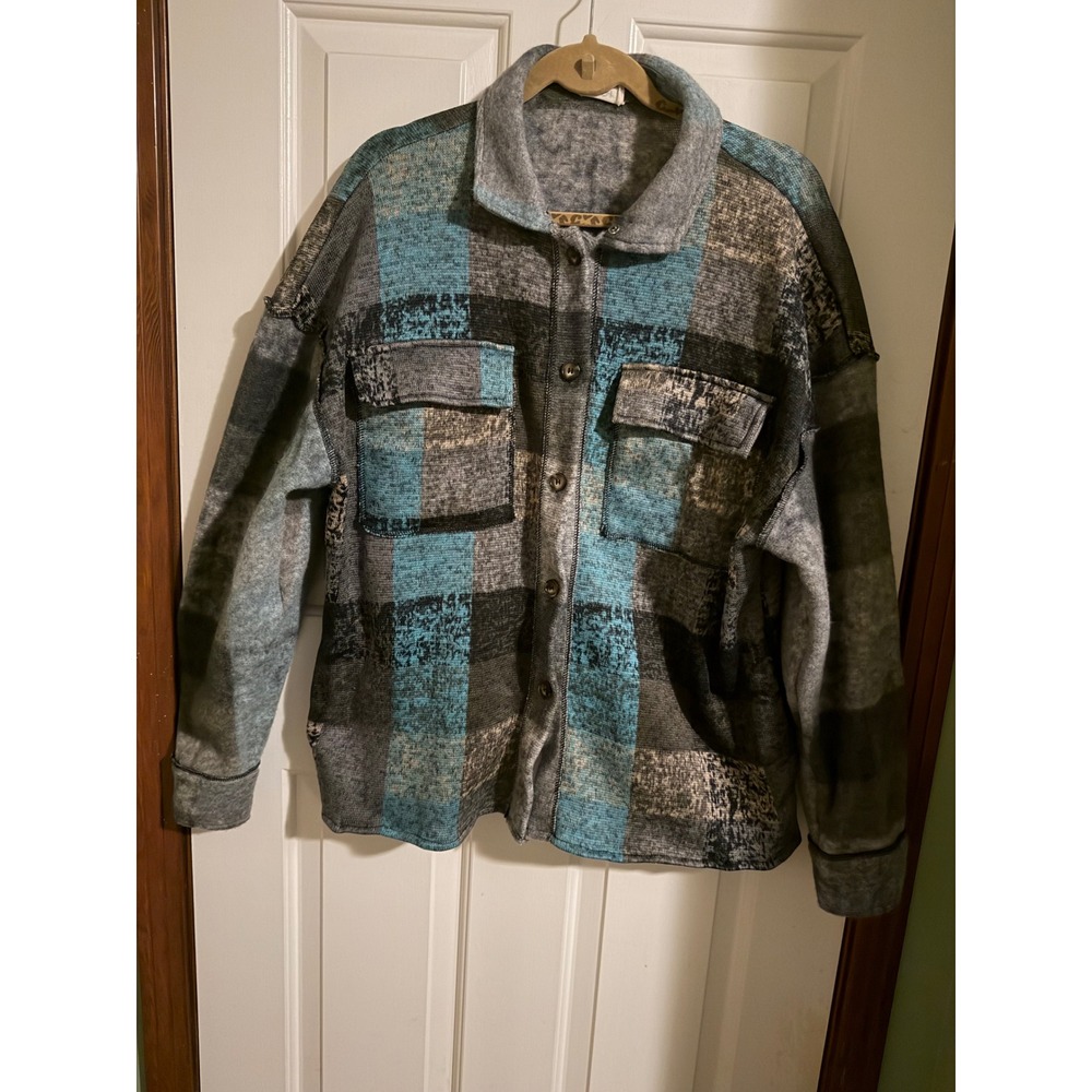 BIBI Plaid Flannel Shacket Blue Grey Oversized Shirt Jacket IP5917G-04 Medium